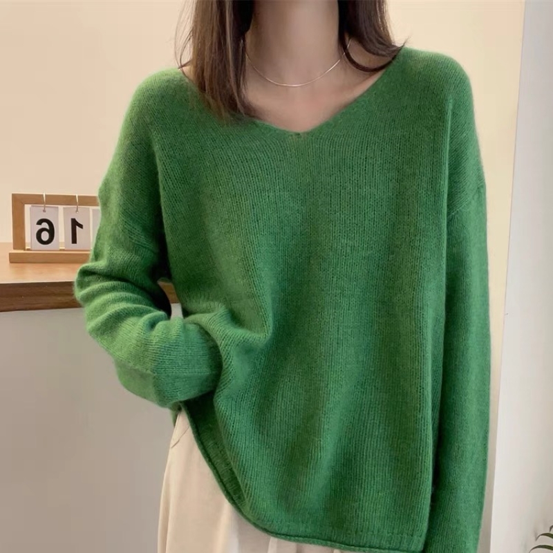 羊范秋冬V领100羊毛长袖套头毛衣女宽松慵懒纯色羊毛衫休闲针织衫