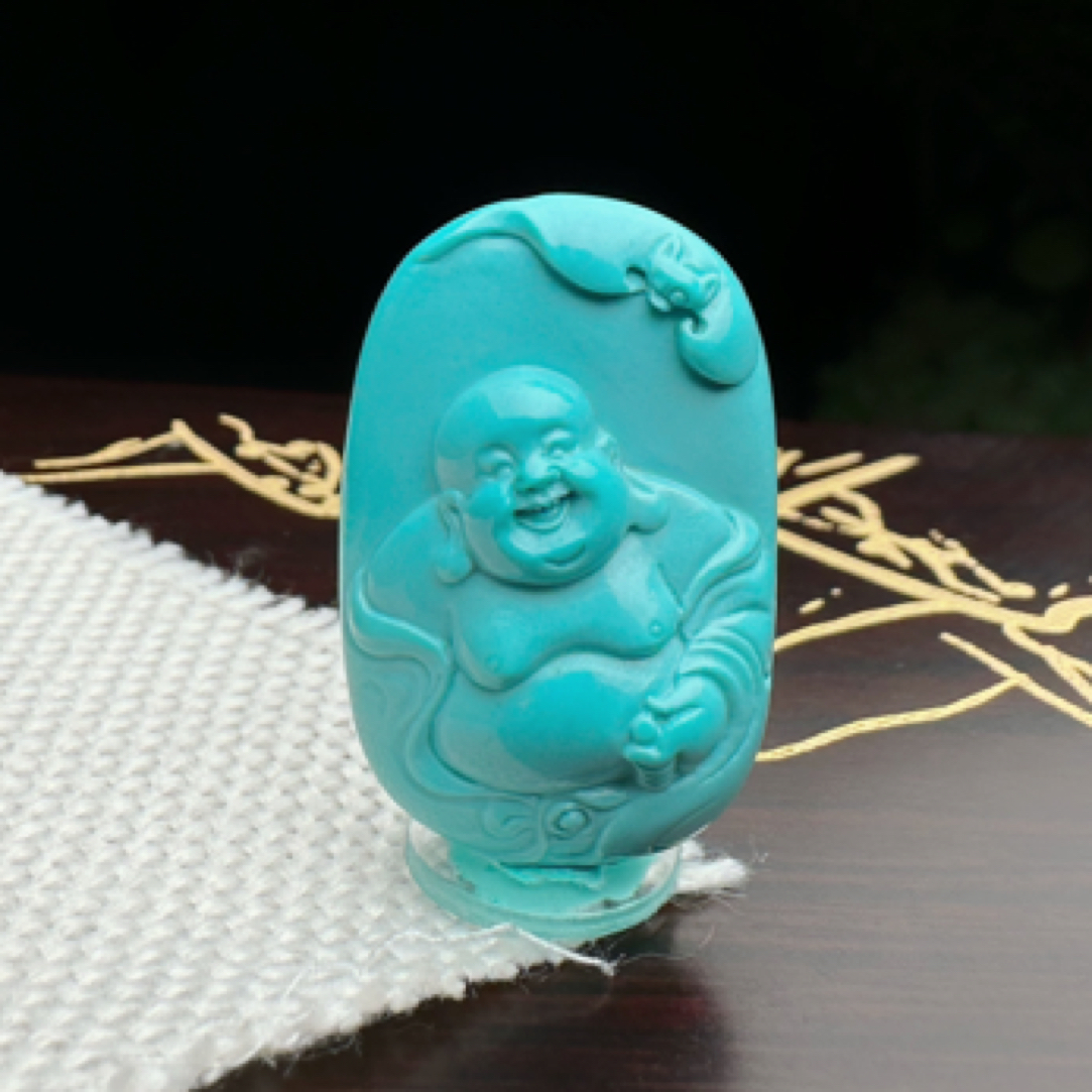 湖北原矿天然绿松石玉石挂件配饰精品精工雕刻弥勒佛牌子吊坠
