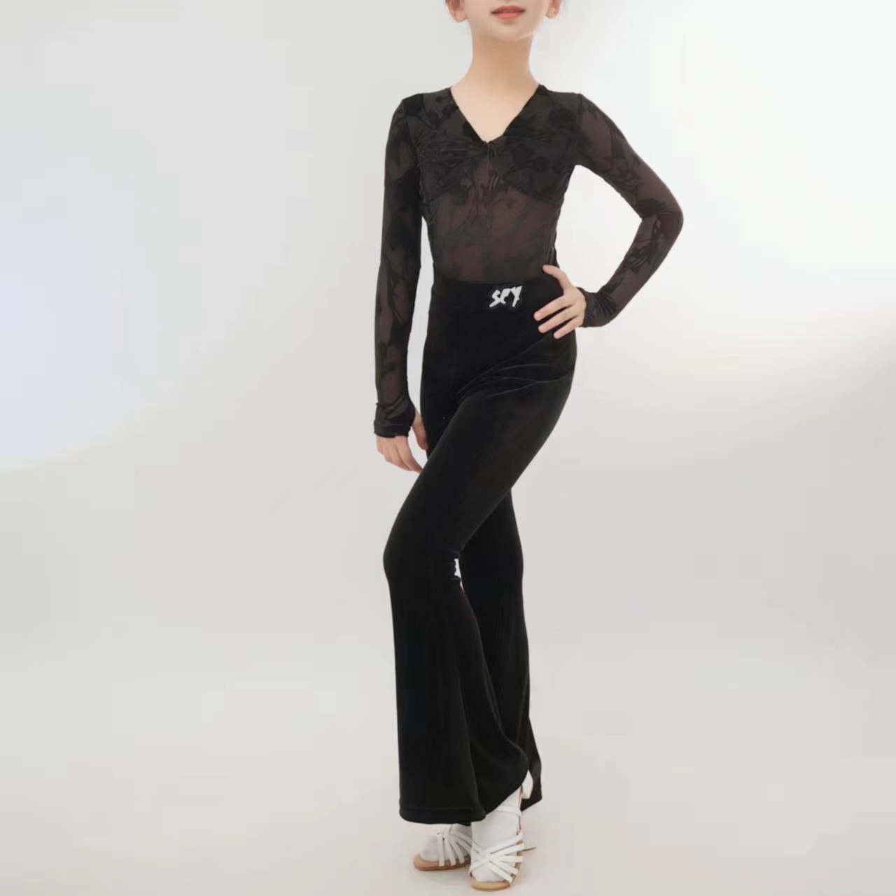 尚裁艺拉丁舞服女儿童秋季新款网纱长袖网红训练功裤套装3952