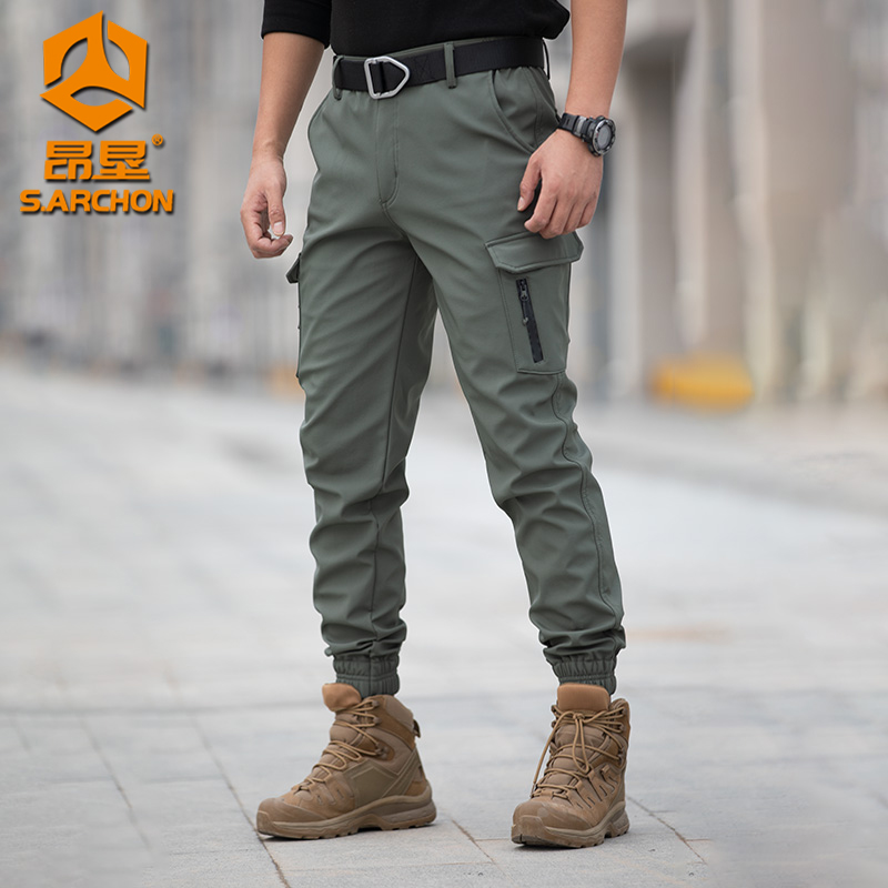 昂垦加绒束脚裤男款秋冬户外休闲裤机能迷彩工装裤登山宽松冲锋裤