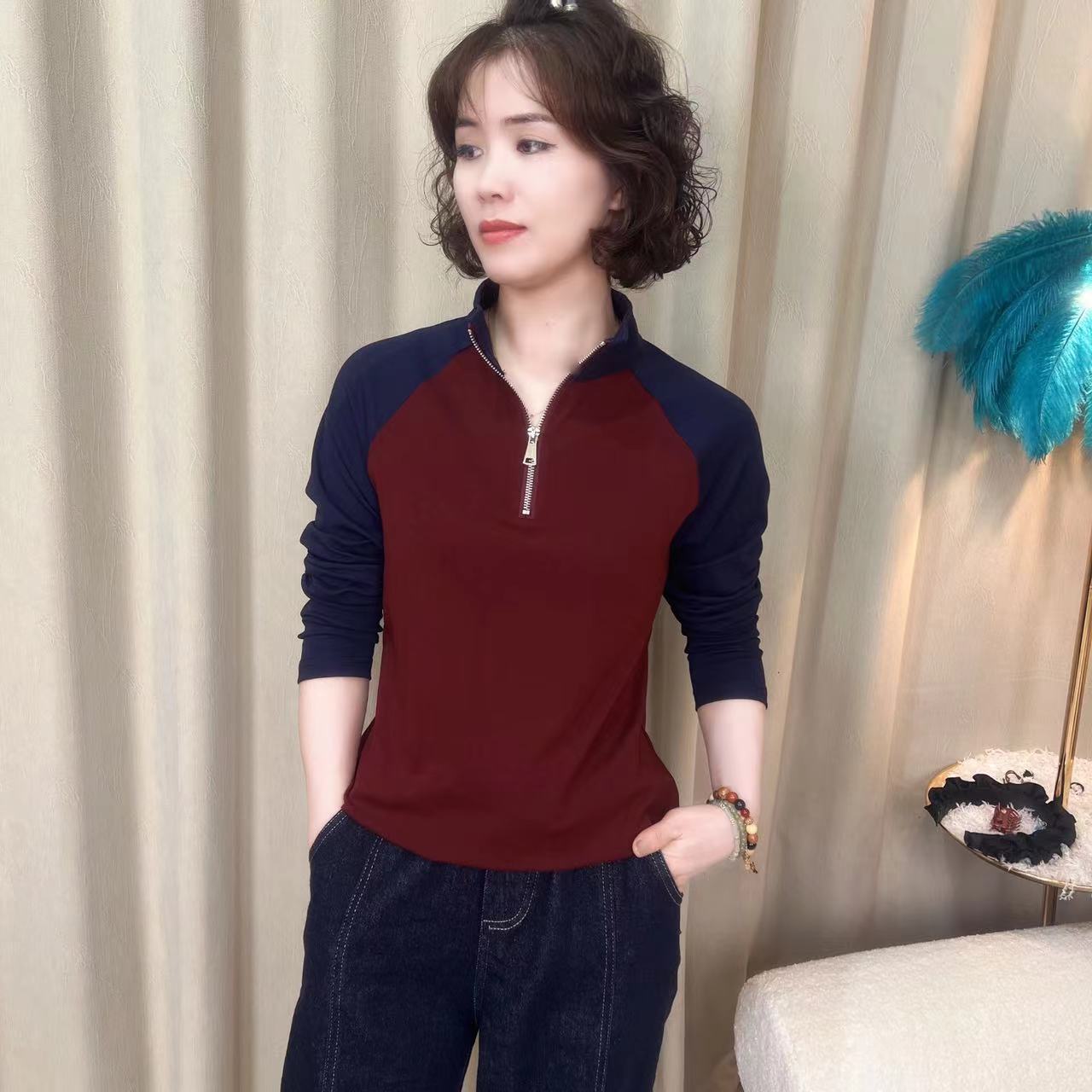 【庄小姐】6812早春秋款立领拼色设计时尚百搭气质显瘦减龄长袖上衣
