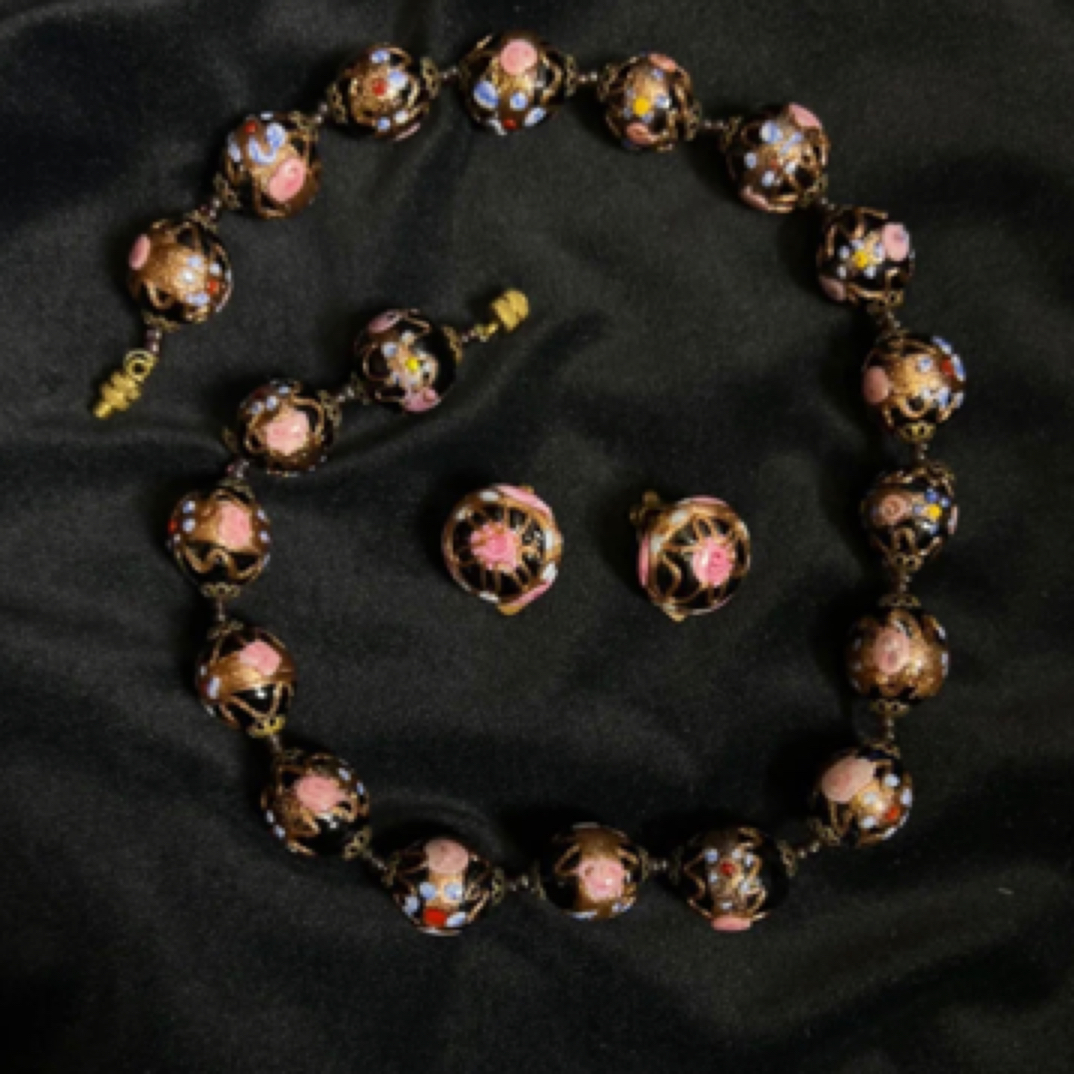 非金属玻璃项链 中古首饰穆拉诺项链耳夹套装