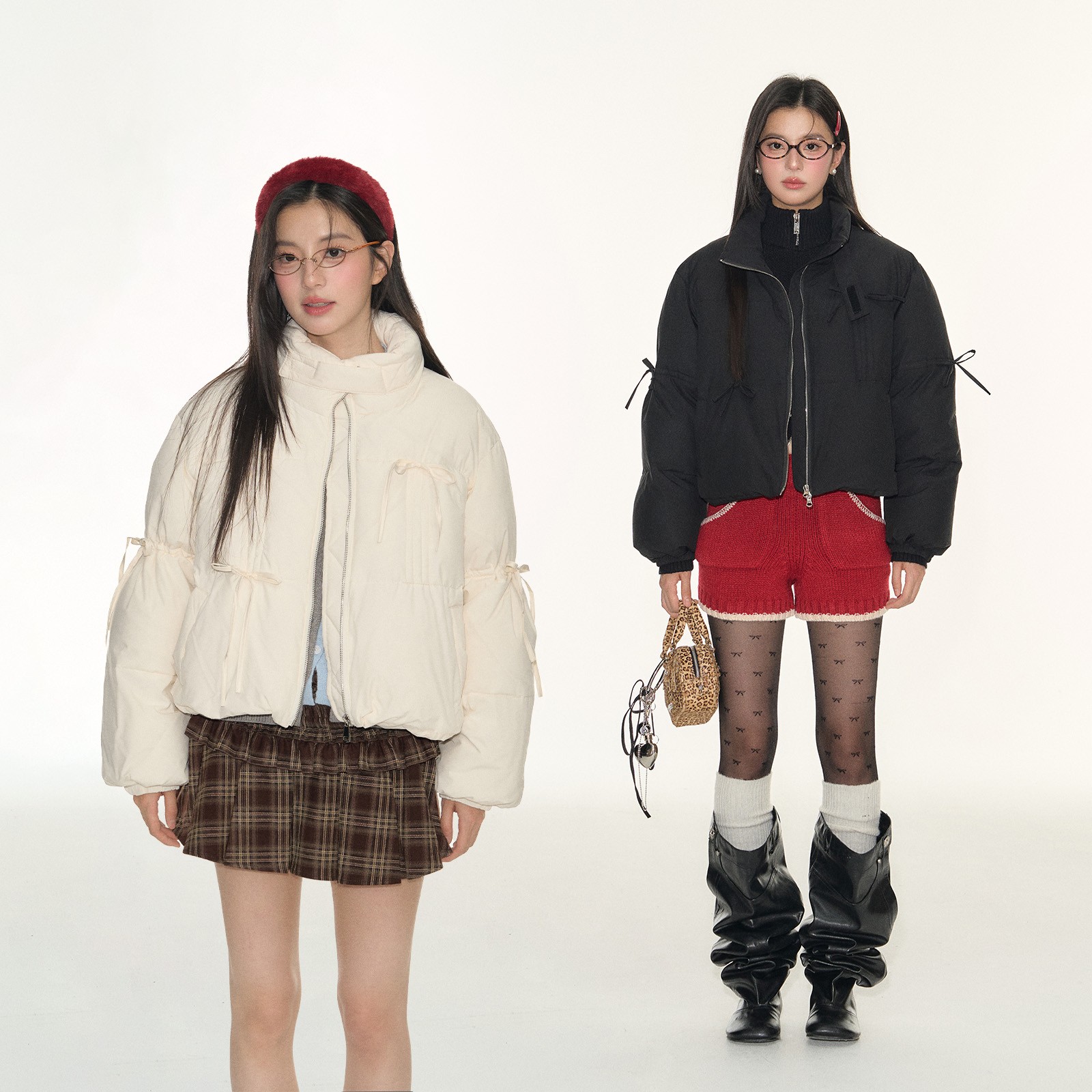 FPMZ蝴蝶结抽绳绑带短款立领羽绒服韩系外套学院风面包服