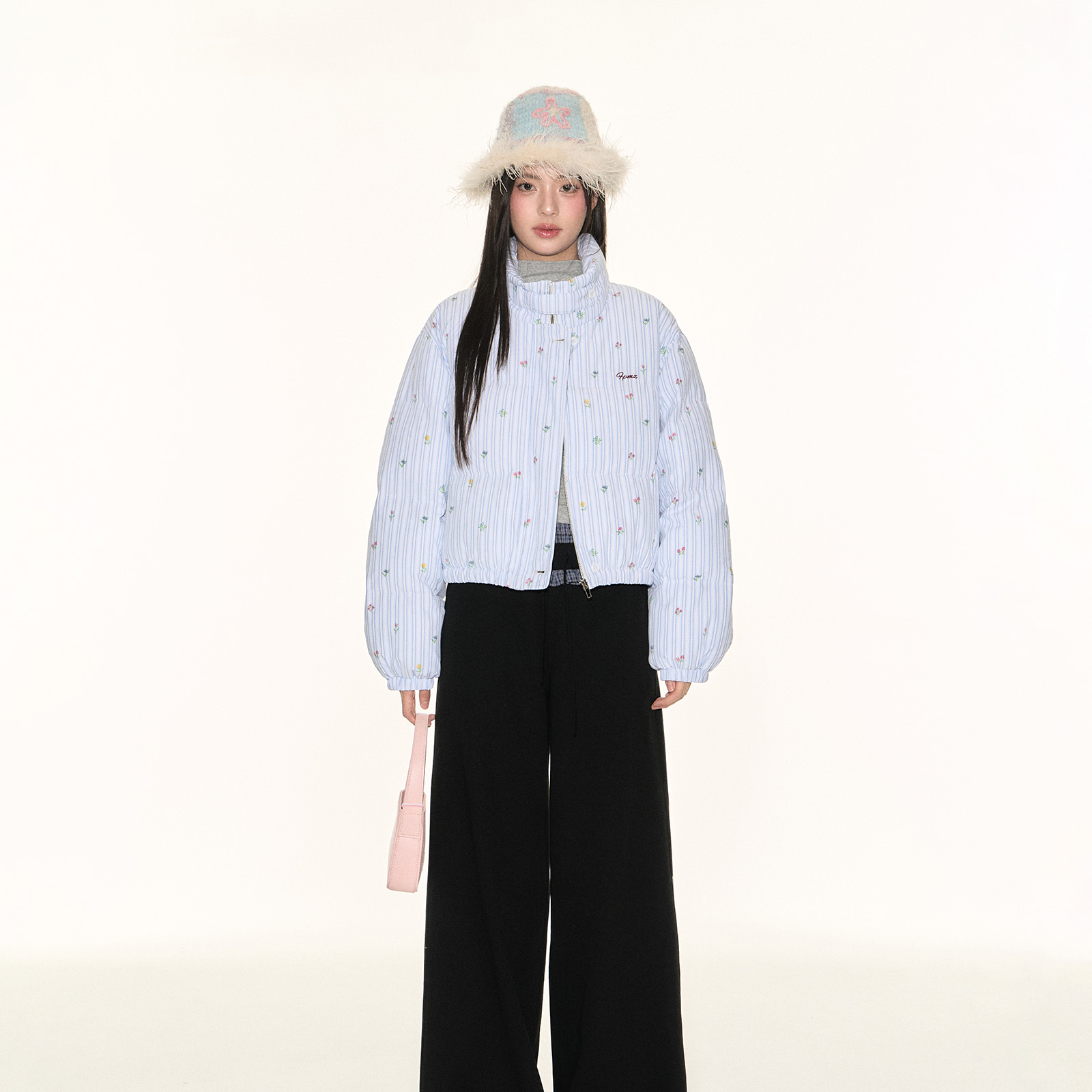 FPMZ蓝条纹碎花满印棉服韩系学院风立领搭扣刺绣面包服短外套上衣