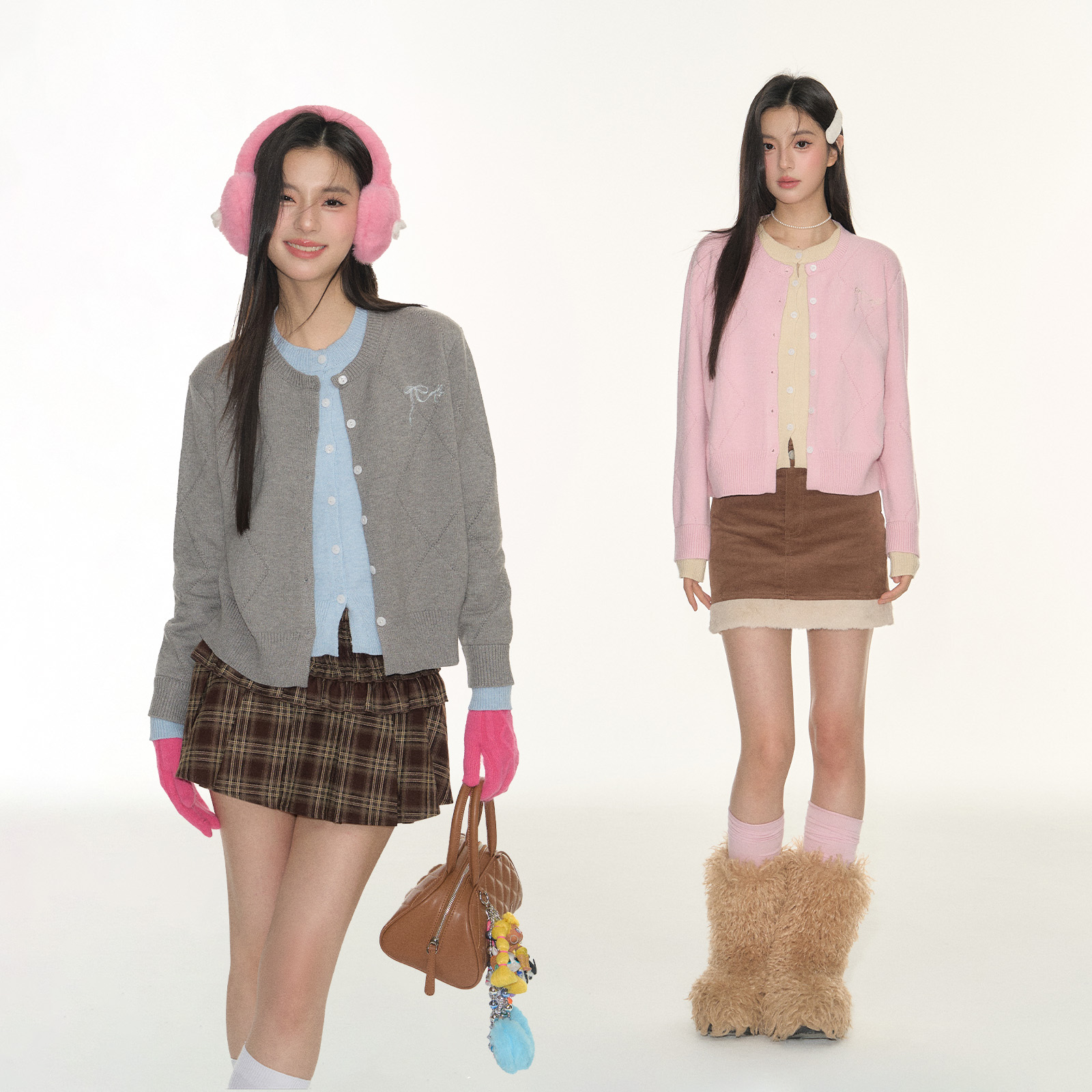 FPMZ菱格纹刺绣logo甜美假两件毛衣开衫百搭撞色双层基础内搭上衣