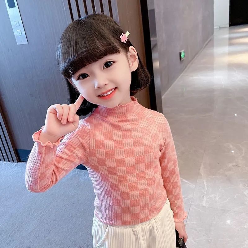 女童打底衫春秋外穿儿童洋气半高领棋盘格T恤女宝宝秋装长袖XGH