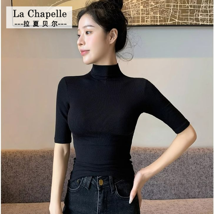 拉夏贝尔螺纹棉中袖上衣时尚洋气五分袖打底衫修身显瘦气质t恤女