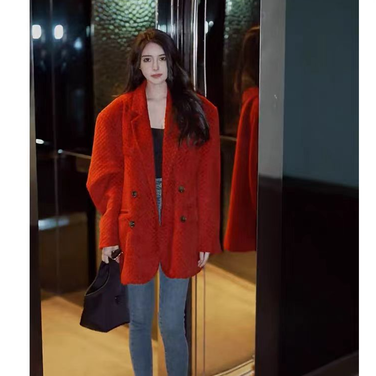 圣诞女装过新年战袍高级感呢子大衣小香风红色毛呢西装外套女秋冬