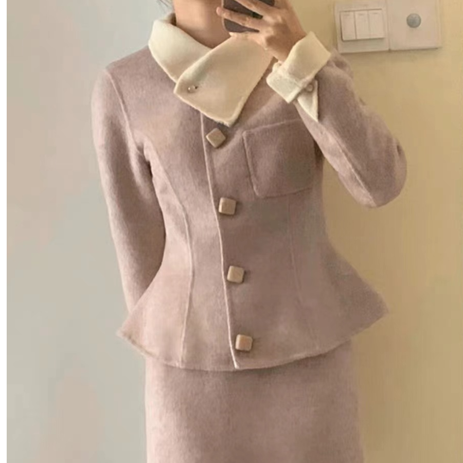 秋装搭配一整套高级感气质名媛小香风紫色毛呢外套韩剧两件套装裙