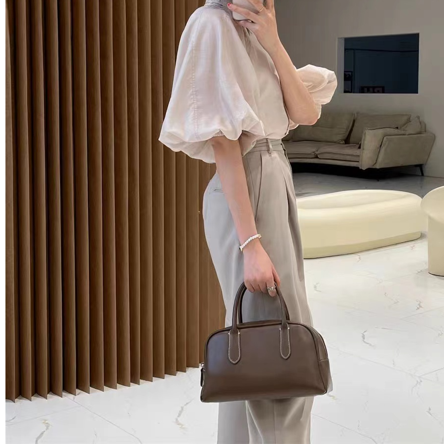  2024香槟色灯笼袖双层领系扣五分袖衬衫+休闲西裤套装