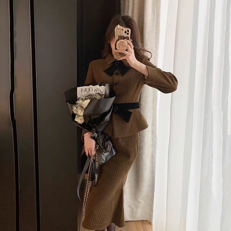 港风套装女复古chic西装法式轻奢名媛鱼尾包臀半身裙高级感两件套