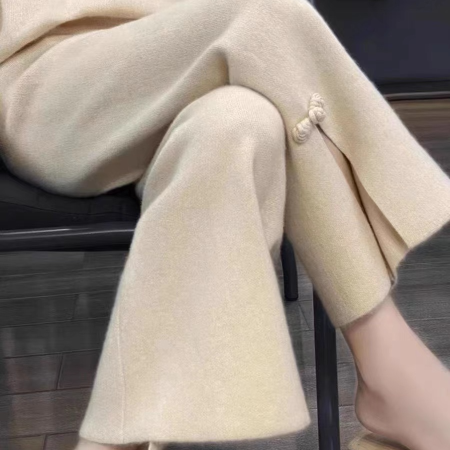 【现货】新中式开叉针织阔腿裤秋古典女中国风休闲直筒糯米九分裤