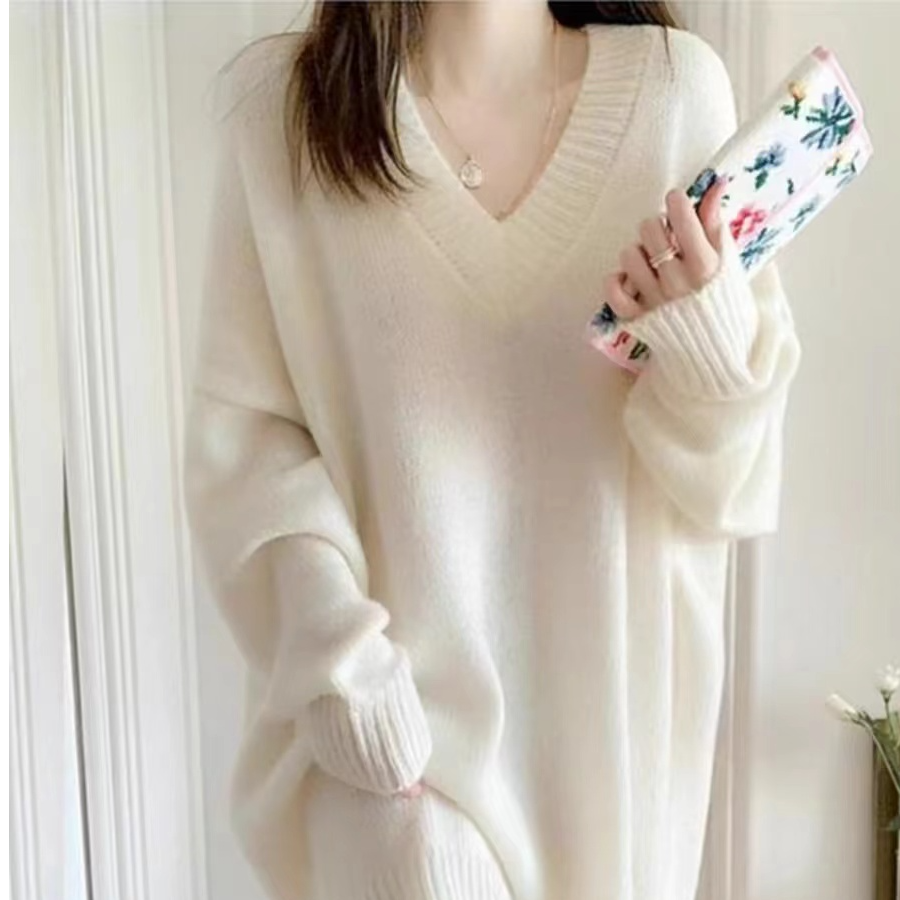 2024特大码胖妹妹慵懒风v领中长款毛衣女秋冬宽松韩版外穿连衣裙
