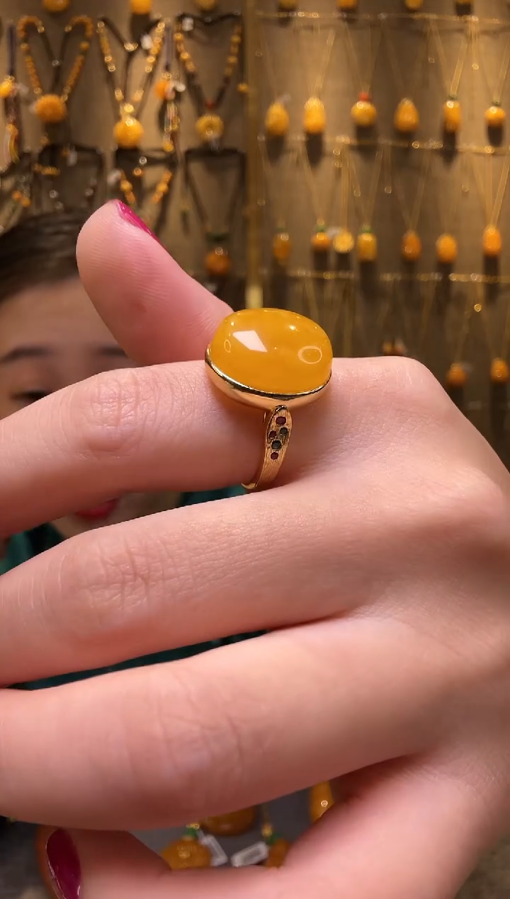 【闪购商品】蜜蜡戒指银S925镀金镶嵌A038蜜蜡戒指