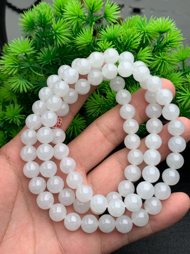 天然缅甸A货翡翠珠串素圈百搭白色