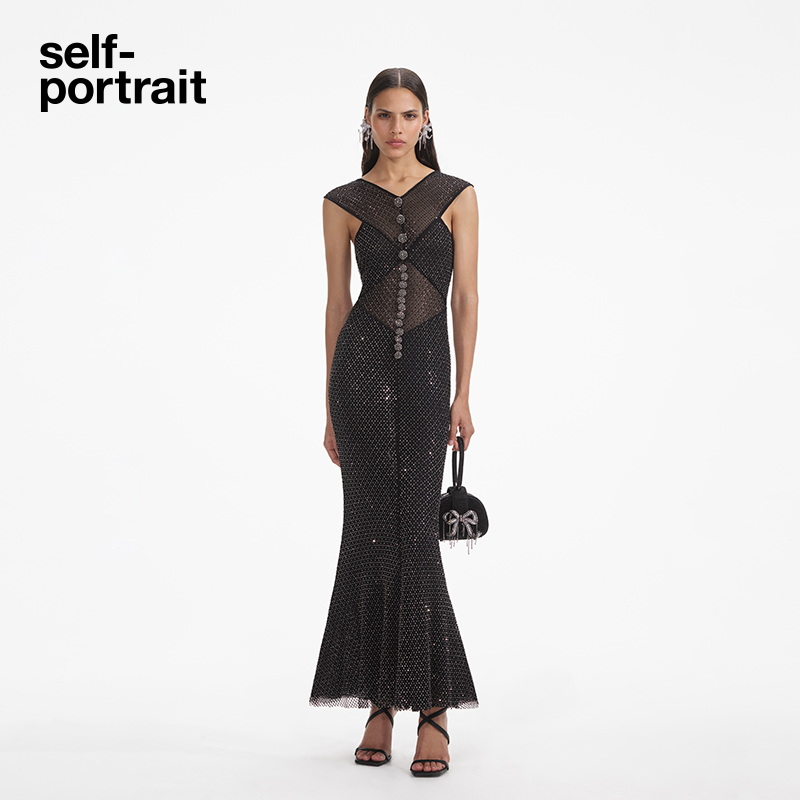 self-portrait 秋冬新款经典黑满钻星河设计感礼服连衣裙