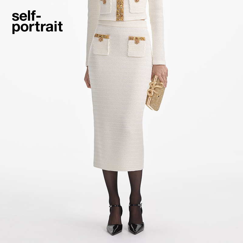 self-portrait 2025新款白金色钻饰针织包臀半身长裙高级感