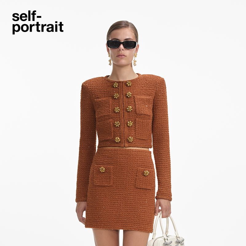 self-portrait 深棕色流光风华夫格针织上衣高级感