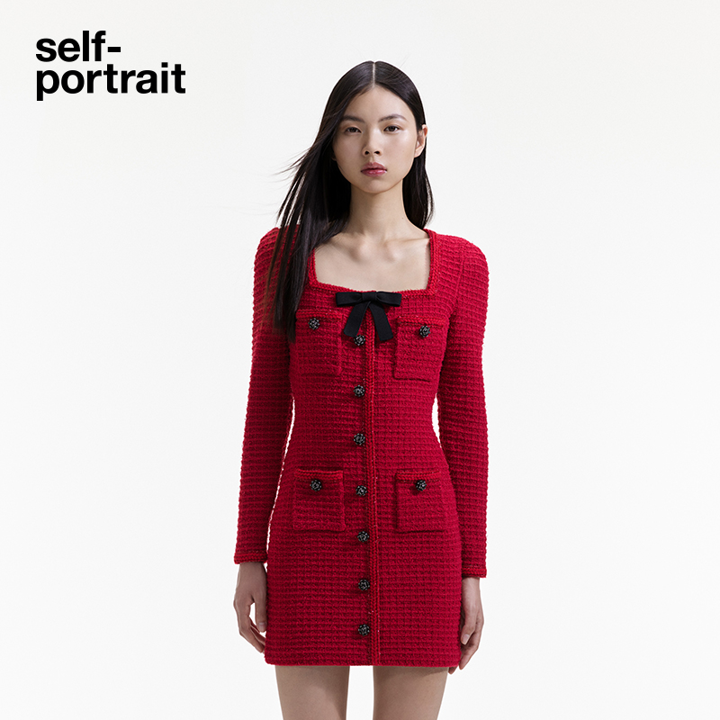 【奥莱】self-portrait 气质优雅酒红色蝴蝶结长袖针织裙连衣裙