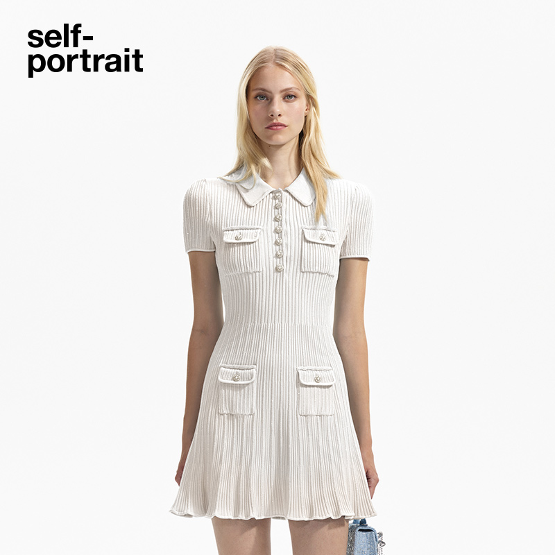 self-portrait 象牙白精致坑条纹翻领短袖针织连衣裙女