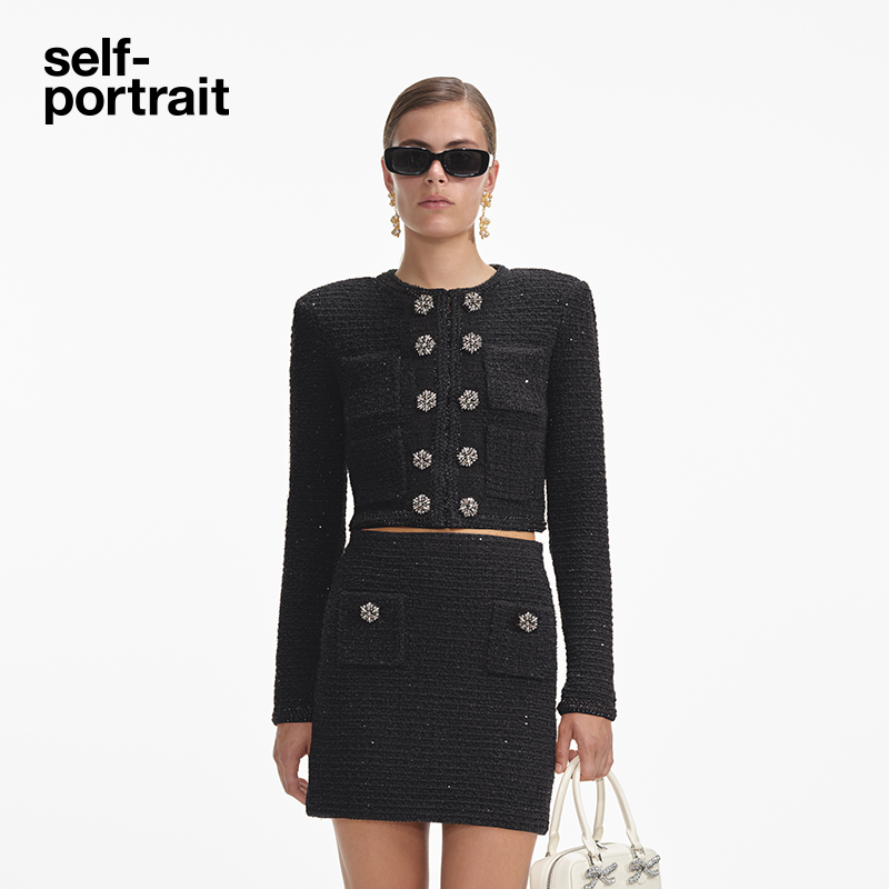 self-portrait 经典黑小香风双排扣亮片针织外套高级感