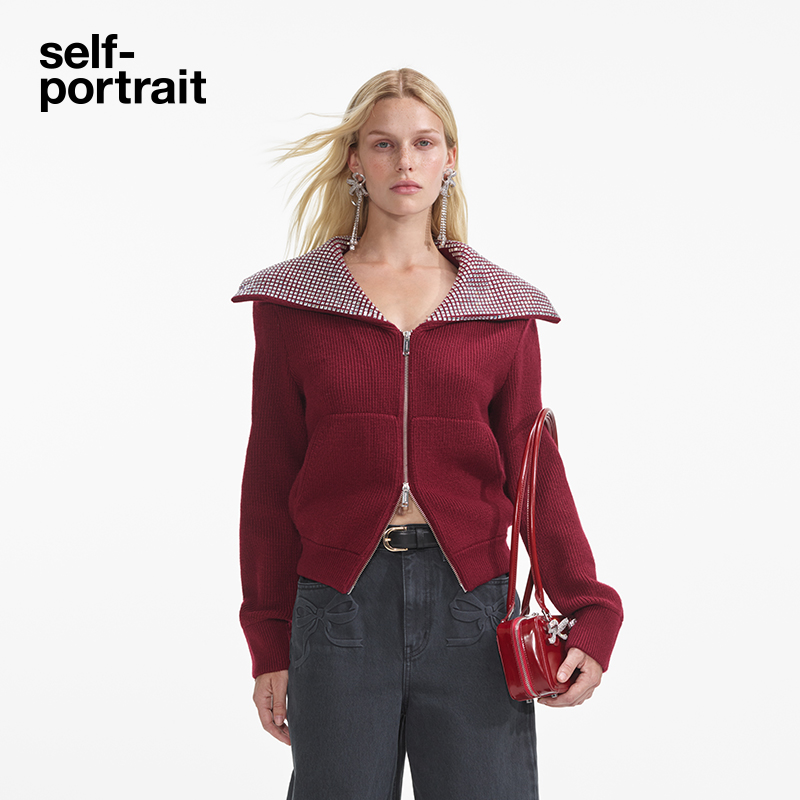 self-portrait 2025百搭钻饰大翻领气质酒红色钻针织外套上衣