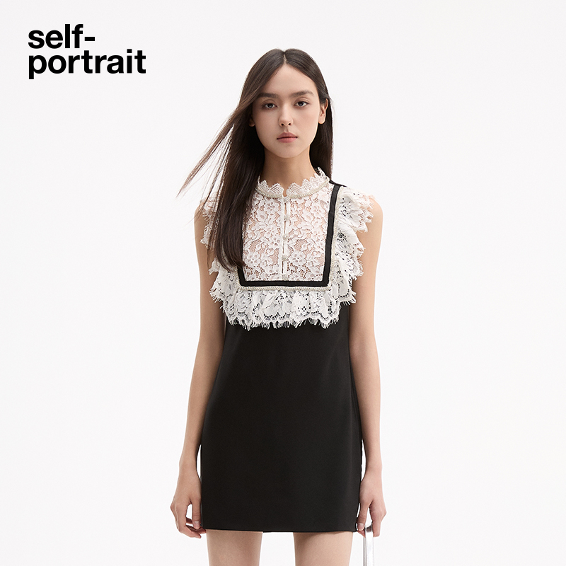 self-portrait 春夏黑白撞色蕾丝褶边钻饰无袖连衣裙出游服装女
