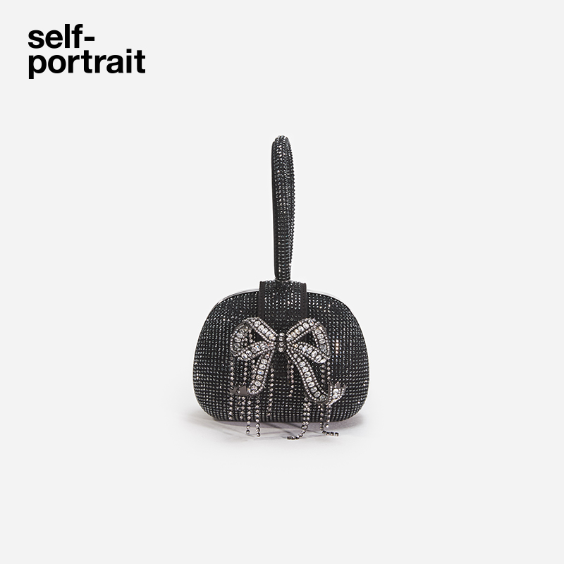 self-portrait 秋冬新款经典黑闪钻流苏宴会手提包