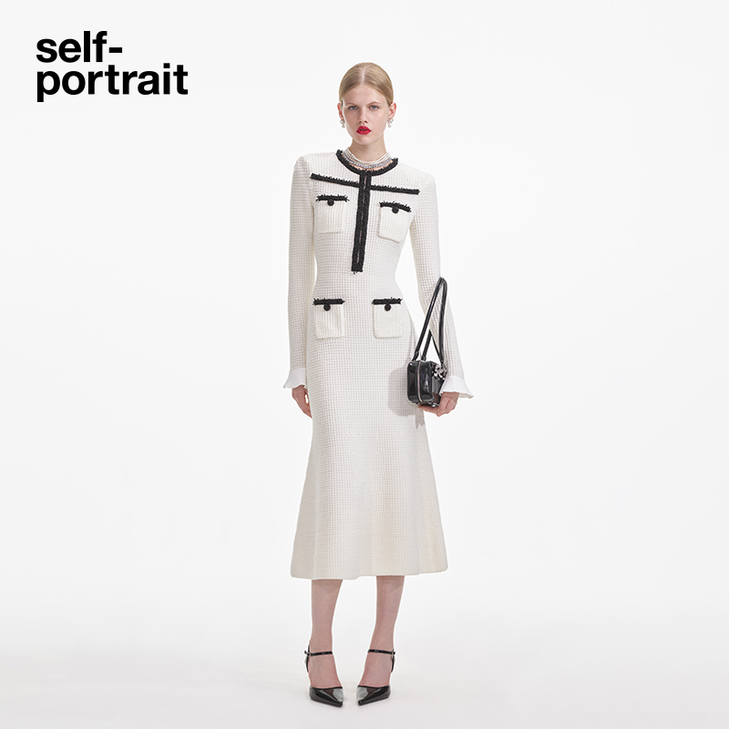 self-portrait 2025新款白撞黑小香风气质针织连衣裙高级感