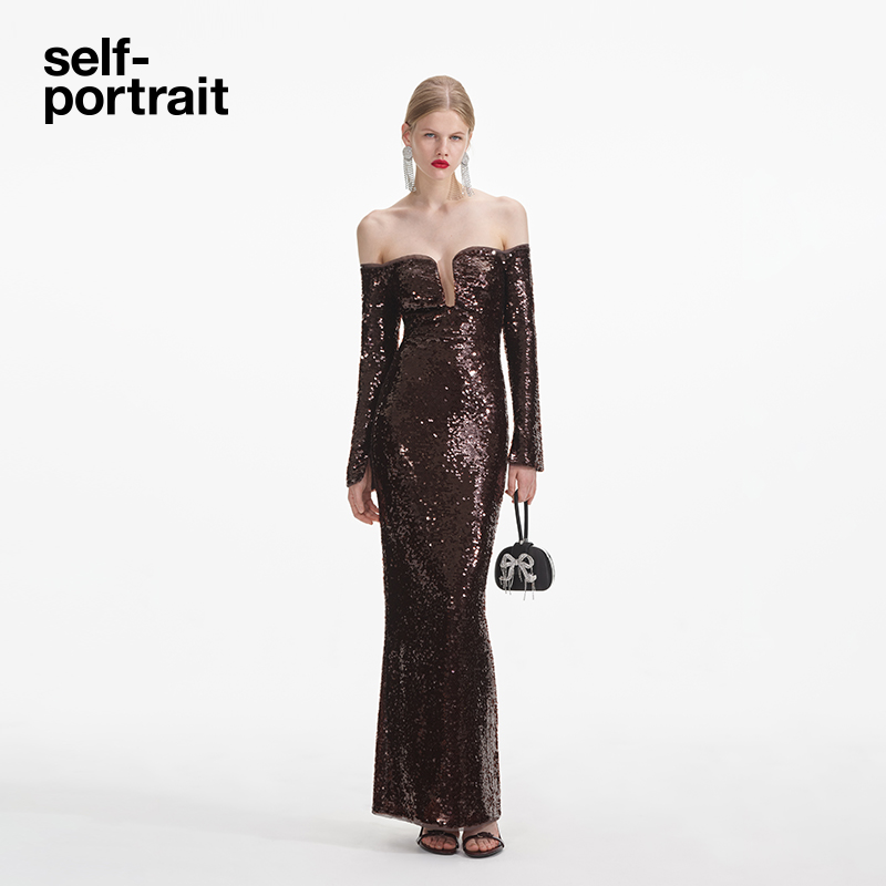 【赵丽颖同款】self-portrait 2025红棕色一字肩亮片礼服连衣裙