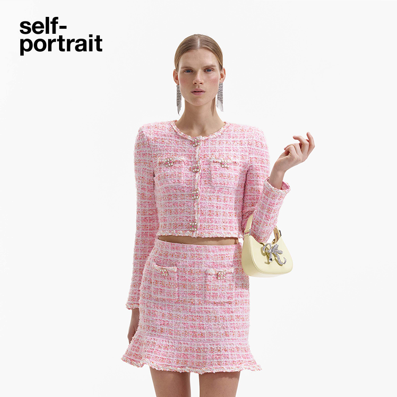 self-portrait 新款流光风红粉格子小香风甜美针织长袖上衣