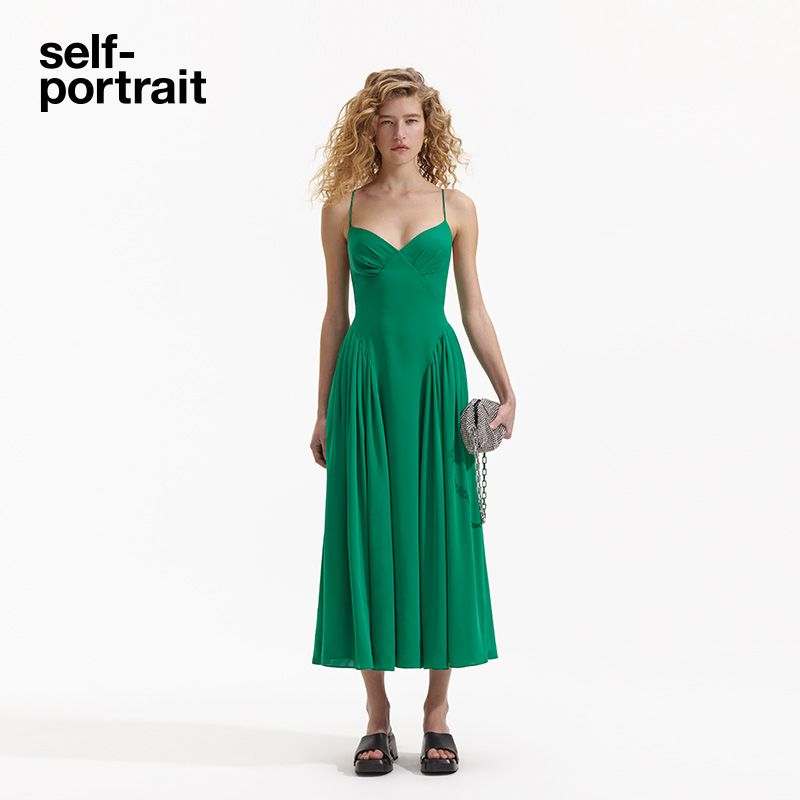 self-portrait 春夏绿色吊带收腰气质吊带连衣裙中长裙出游服装女
