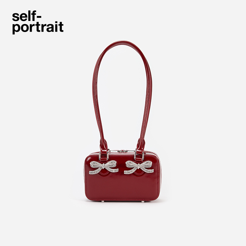self-portrait 酒红色蝴蝶结长柄保龄球包腋下包