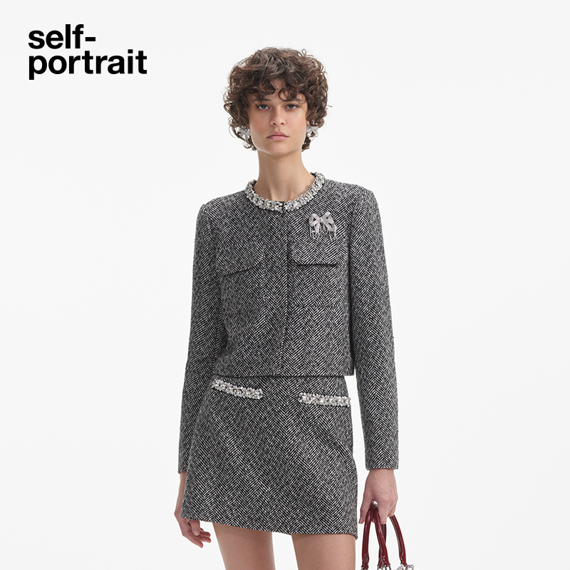【赵丽颖同款】self-portrait 灰混色钻饰人字纹软呢外套