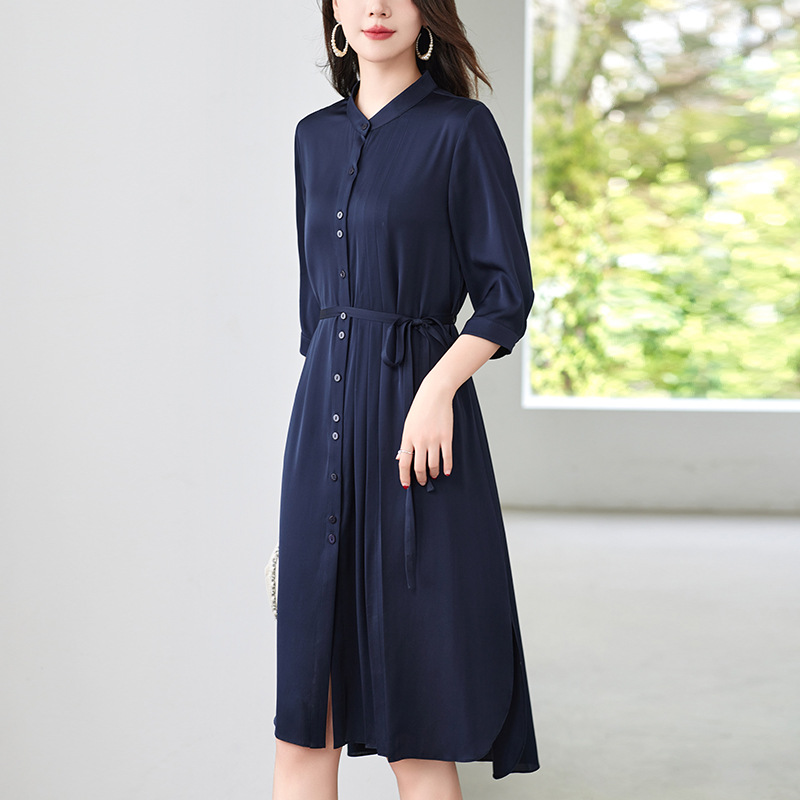 [水墨]杭州纯色素雅重磅真丝连衣裙女100％桑蚕丝中长裙82496256