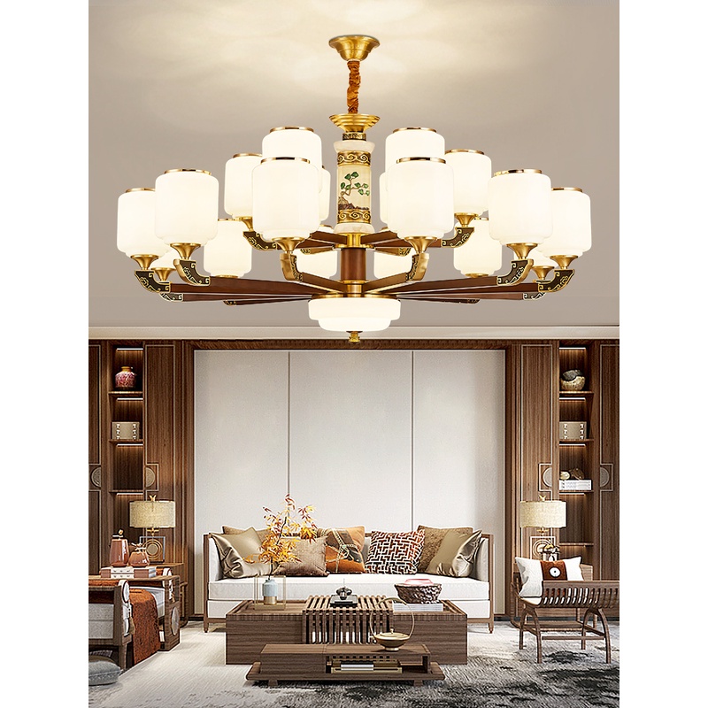 新中式吊灯全铜实木客厅灯禅意中国风别墅复式楼中空挑高极简灯具