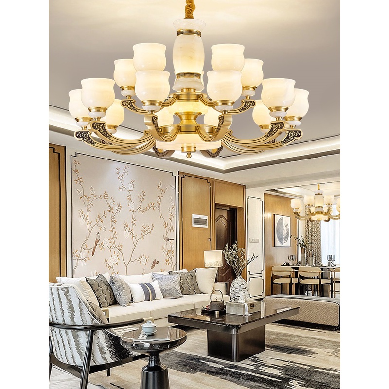 全铜天然玉石客厅吊灯2023新款新中式豪华别墅复式楼酒店中山灯具