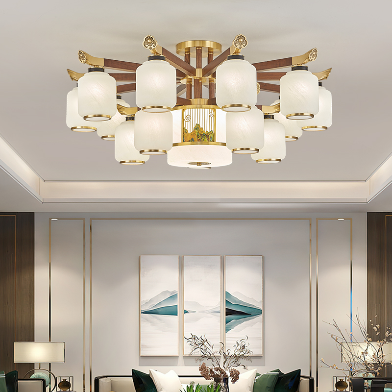 新品中式吊灯客厅灯全铜北美黑胡桃实木复式楼大吊灯餐吊灯吸顶灯