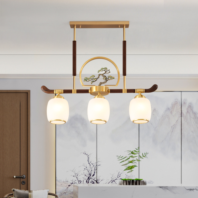 禅意餐厅灯吊灯三头全铜新中式迎客松中国风创意餐桌书房茶室灯具