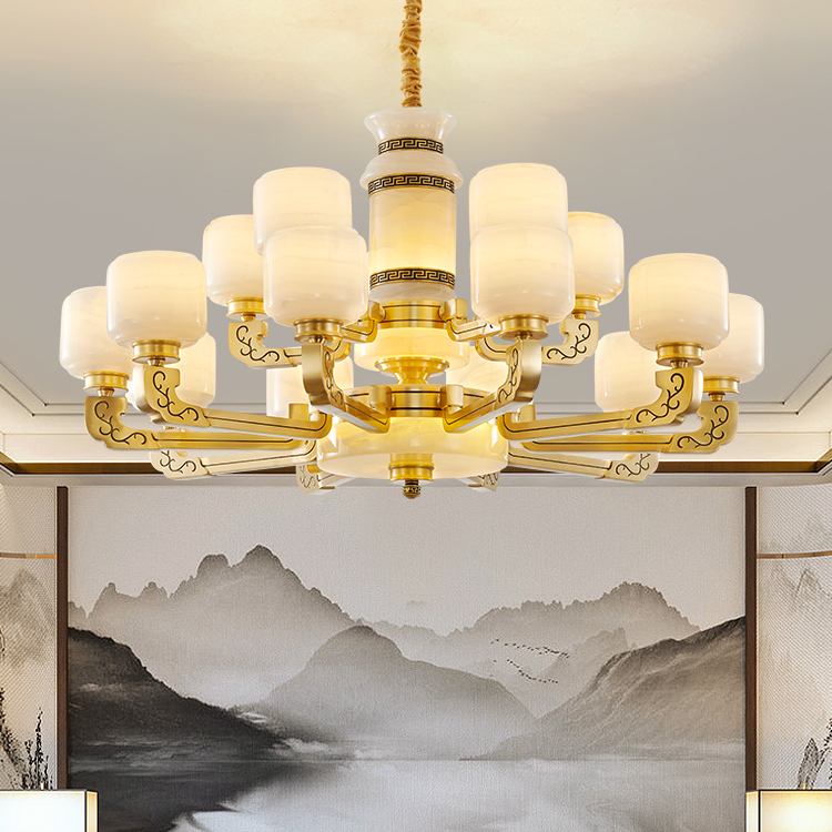 全铜玉石吊灯客厅灯新中式高档大气别墅奢华大厅灯具中国风餐厅灯