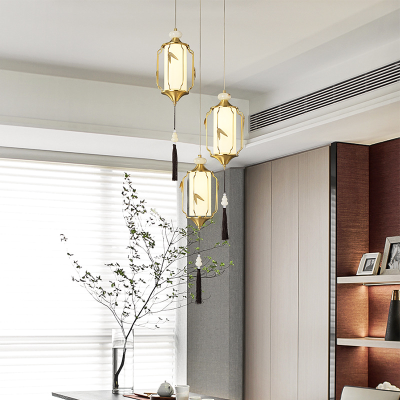 全铜卧室床头单小吊灯新中式茶室书房灯简约创意餐厅别墅复式楼灯