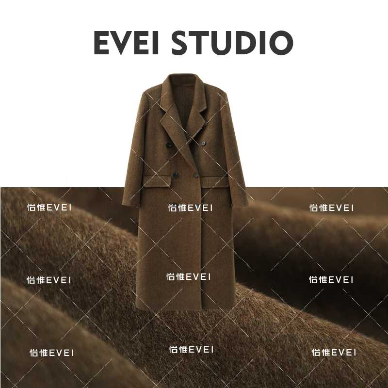 兔毛桑蚕丝正肩中长款双面手缝羊毛大衣春秋冬季时尚气质轻奢