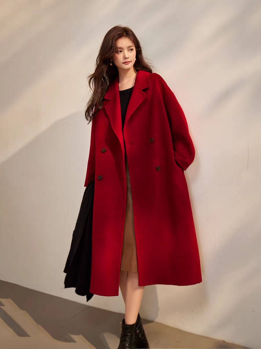 【双十一特惠】大衣四粒扣中长款双面手缝羊毛大衣春秋冬季宽松时尚
