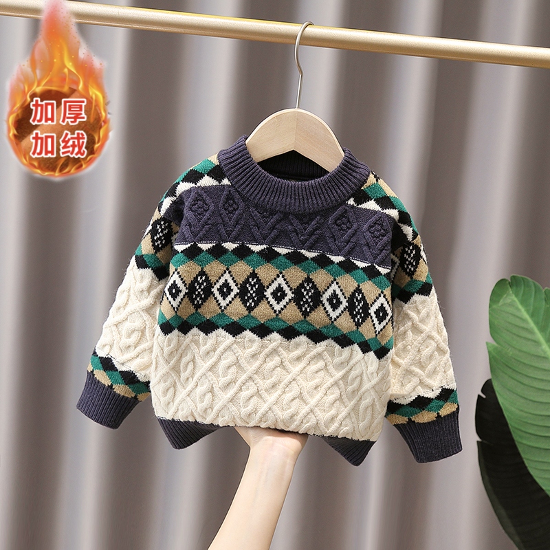  男儿童毛衣2025秋冬新款加绒加厚中小童韩版保暖套头针织毛线衣