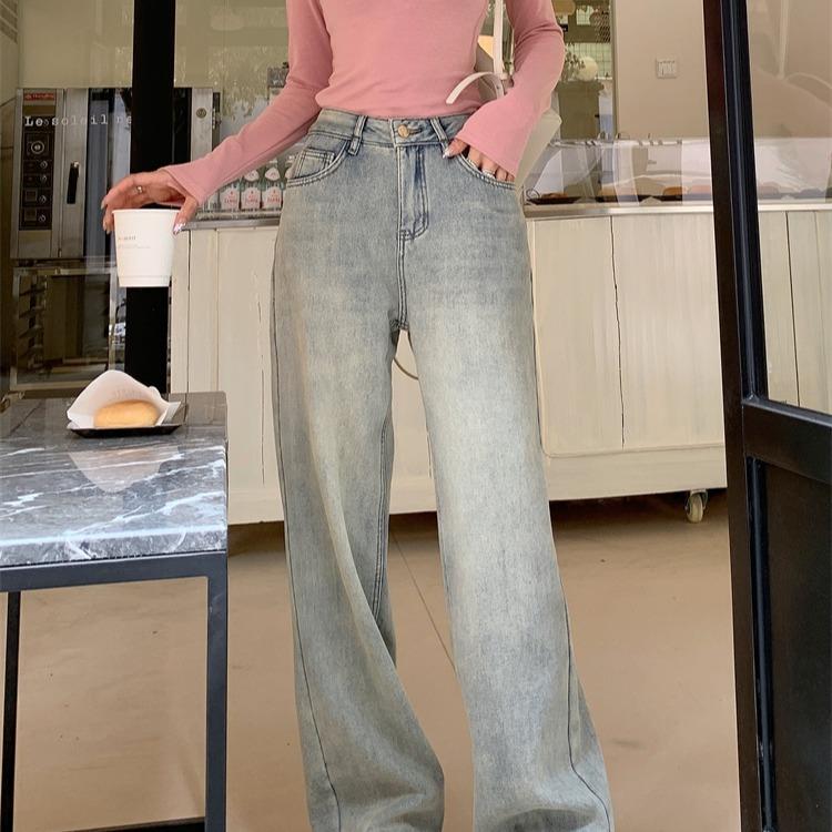 FAVMARTHA加绒加厚牛仔裤女秋冬季高腰显瘦直筒宽松阔腿烟管拖地