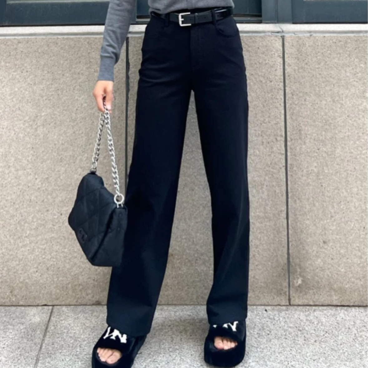 AMASS/阿玛施 新款高腰直筒显瘦5100588秋冬植绒深蓝香蕉牛仔裤 