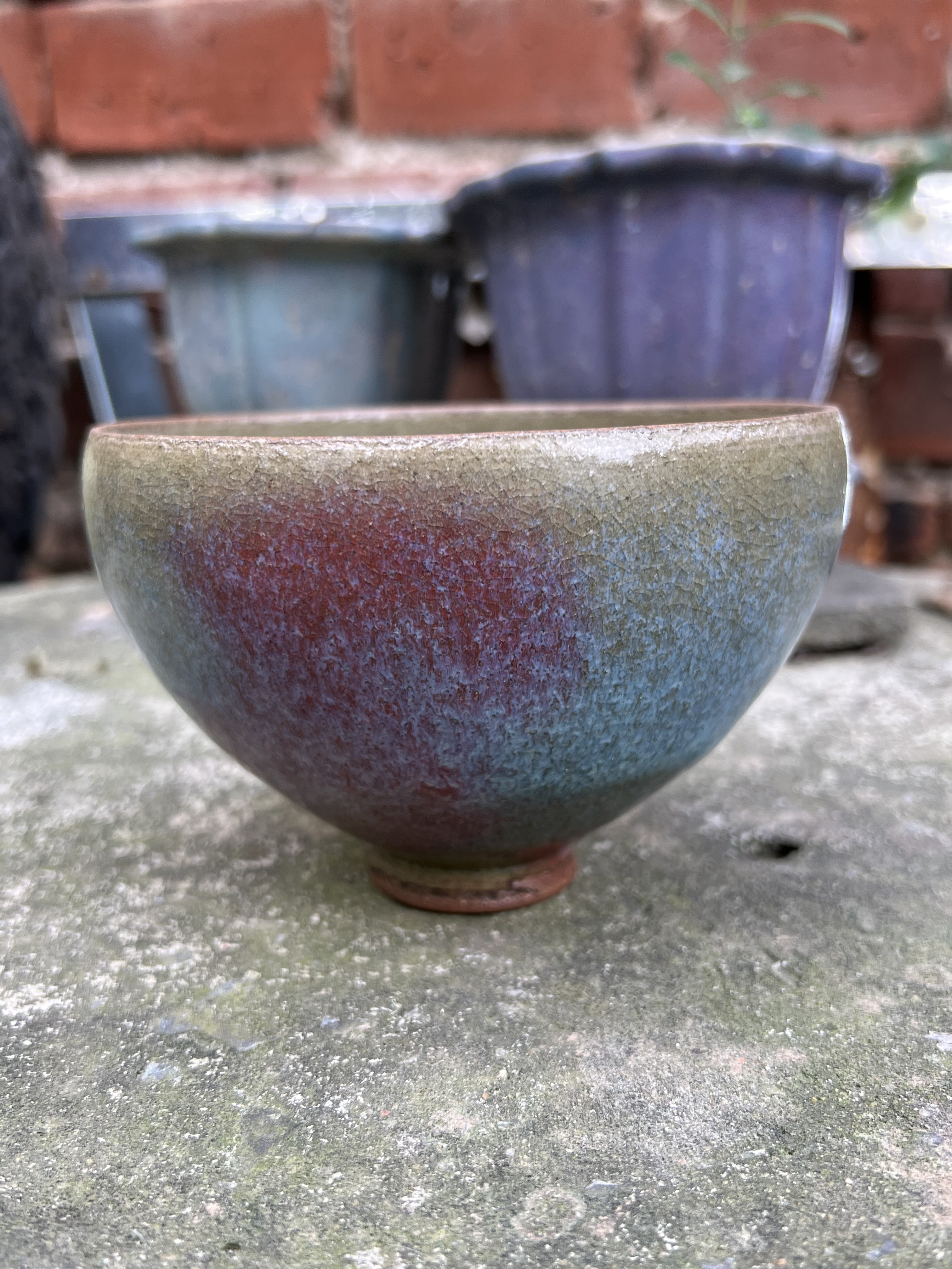 钧窑 鸡心碗 天青釉爆红斑