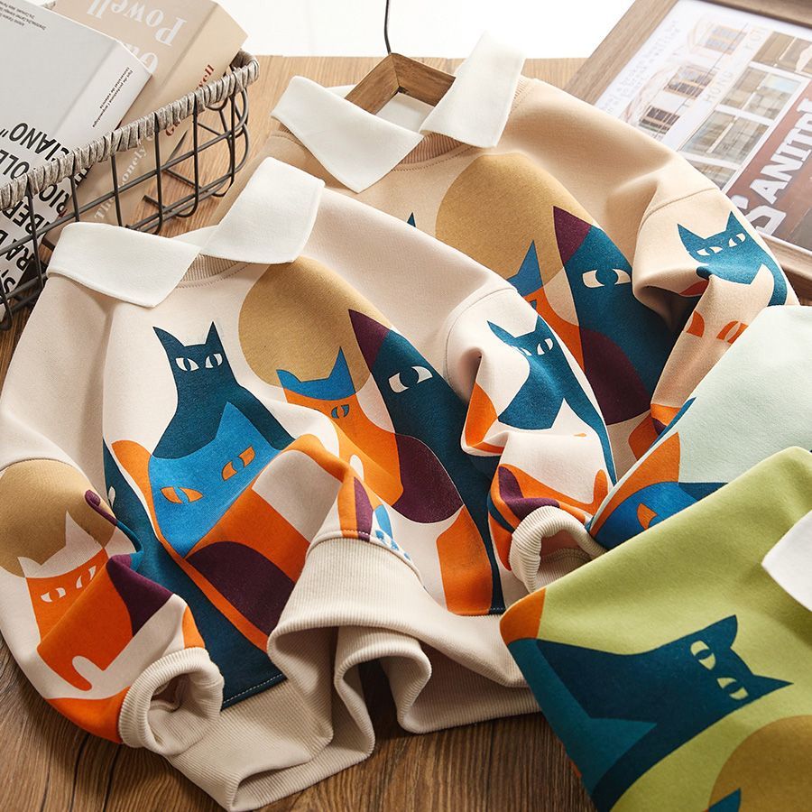 男童卫衣春秋季2023新款中大童男孩猫咪印花儿童装炸街长袖POLO衫