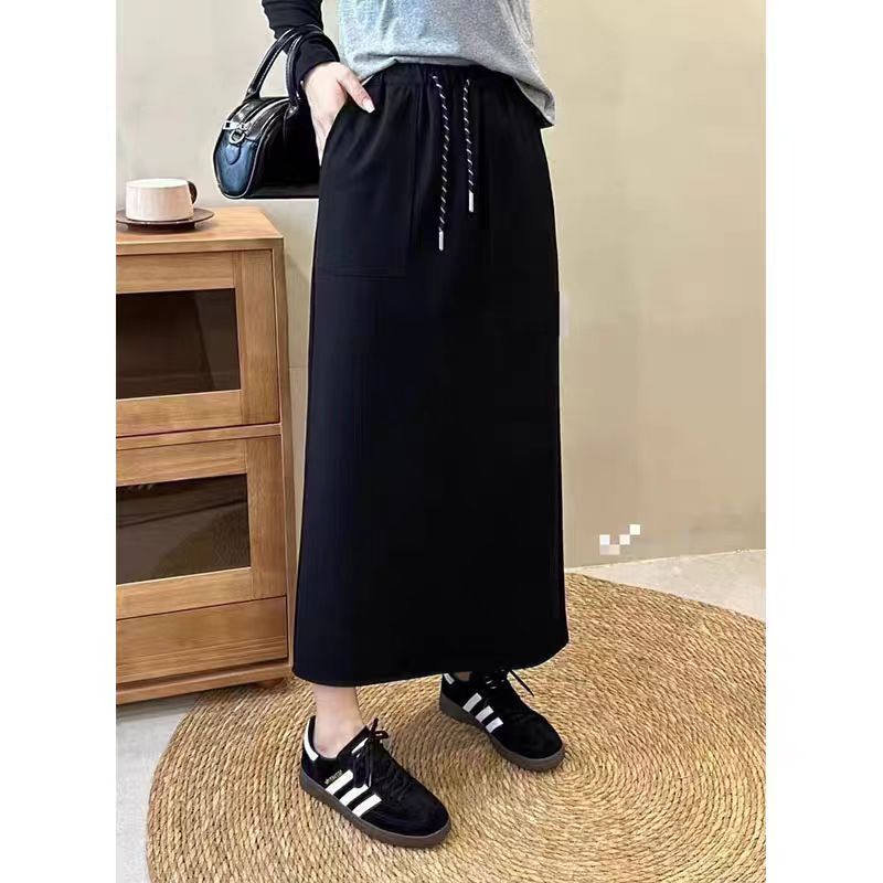 欧洲站秋冬装新款韩版百搭半身裙后开叉半裙百搭H裙系带松紧腰