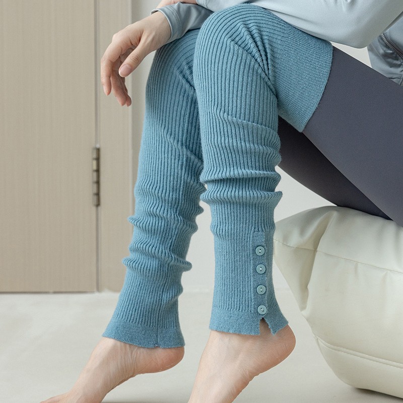 针织羊毛加长过膝袜套瑜伽袜芭蕾风纽扣开叉护腿套女彩色堆堆袜子